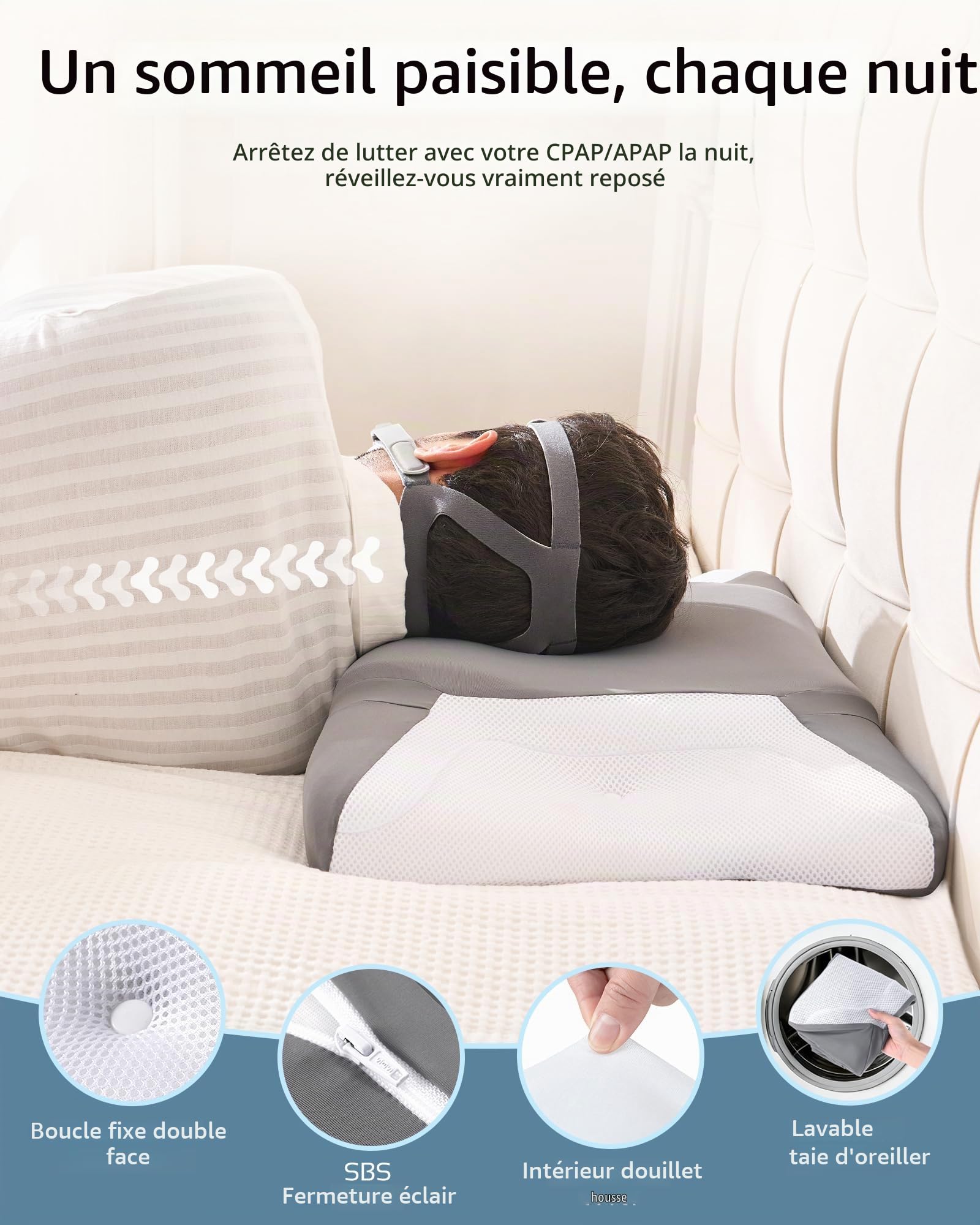 Oreiller CPAP Ergonomique à Mémoire de Forme Découpes Élargies