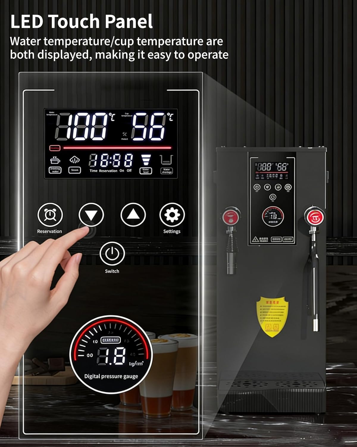 Commercial Milk Frother & Beverage Heater - 2500W Multi-Functional Milk Steamer Machine with LED Display Panel, for Latte, Cappuccino, Coffee, Milk Tea Foam, Hot Water Dispenser