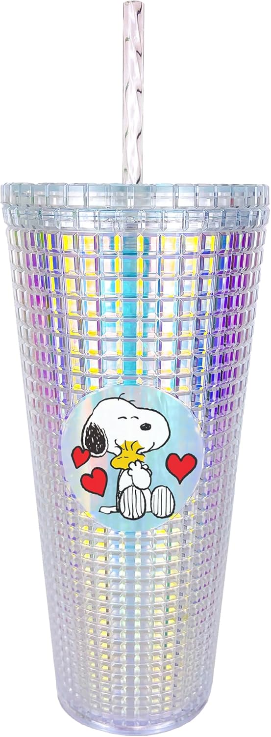 Spoontiques Peanuts Diamond Tumbler, 20oz - Textured Cup w/Staw, Double Wall Insulated, BPA Free - Snoopy