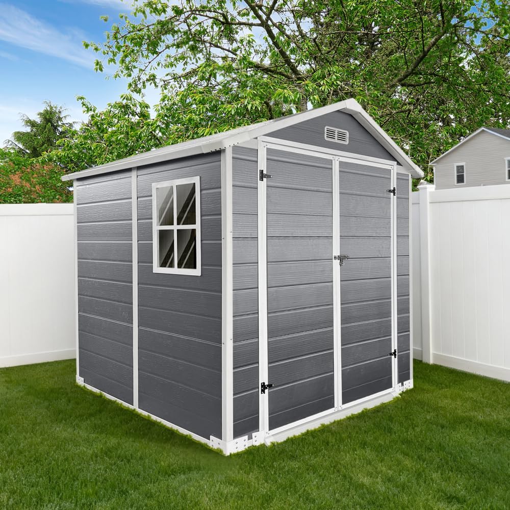 6ft x 6ft Plastic Outdoor Storage Shed with Floor and Lockable Door, Garden Shed for Backyard and Lawn in Gray