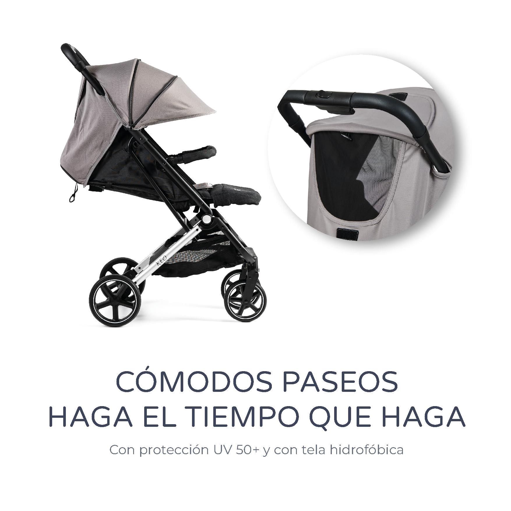 MS BabyWorld – Keo – Silla de paseo ligera hasta 22 kg | Capota extensible | Plegado tipo libro | Ultraligera y compacta | Ruedas grandes (Gris - Negro)