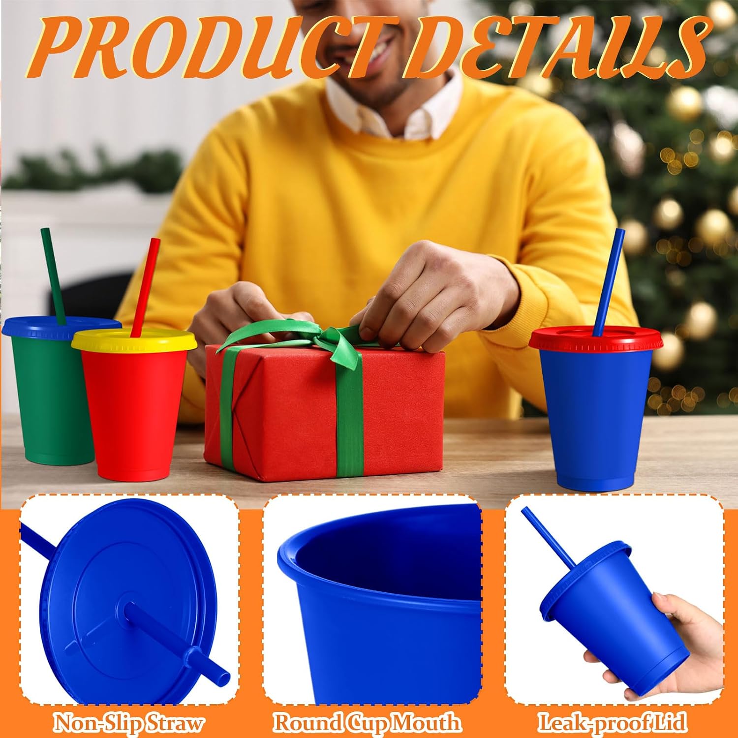 Skylety 16 Pcs 16oz Plastic Cups with Lids Straws, Red,Green,Blue,Yellow