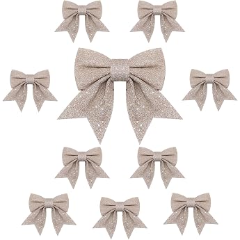Pack of 10 Christmas Bows Christmas Tree Champagne Gold Glitter Bows Christmas Tree Decorations for Family Celebrations Party Decoration for Christmas Holiday Wedding Celebrations