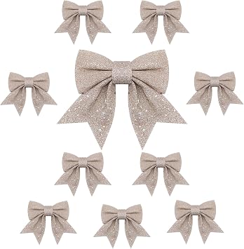 TOPWAYS 10PCS Christmas Bow Decorations, Champagne Gold Bows for Christmas Tree, Sequin Bow Ties, Xmas Decorative Bows Ornaments for Home Christmas Party 6.7in Champagne Gold