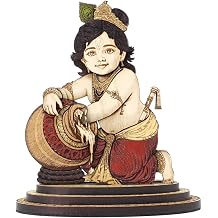 4 Inch Baby Krishna Makhan Chor Wood Carved Statue in Exotic Hard Woods - Multi Layered Hand Made Wooden Bal Gopal Kahna Idol for Car Dashboard, Home, Office, and Travel