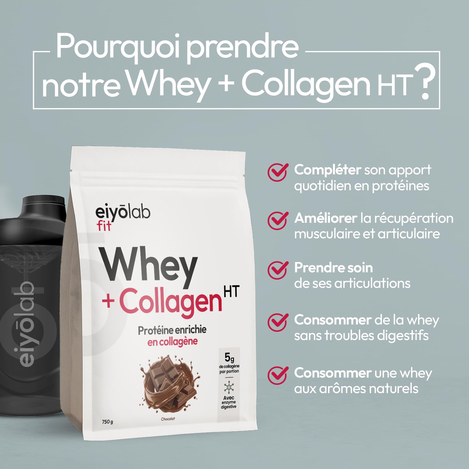 WHEY + COLLAGÈNE HT | 82% de Protéines | Peptides de Collagène Hydrolysé 2000 Da | Riche en BCAA | Construction de la masse musculaire | Entretien des Articulations | Saveur Chocolat | 750g | Eiyolab