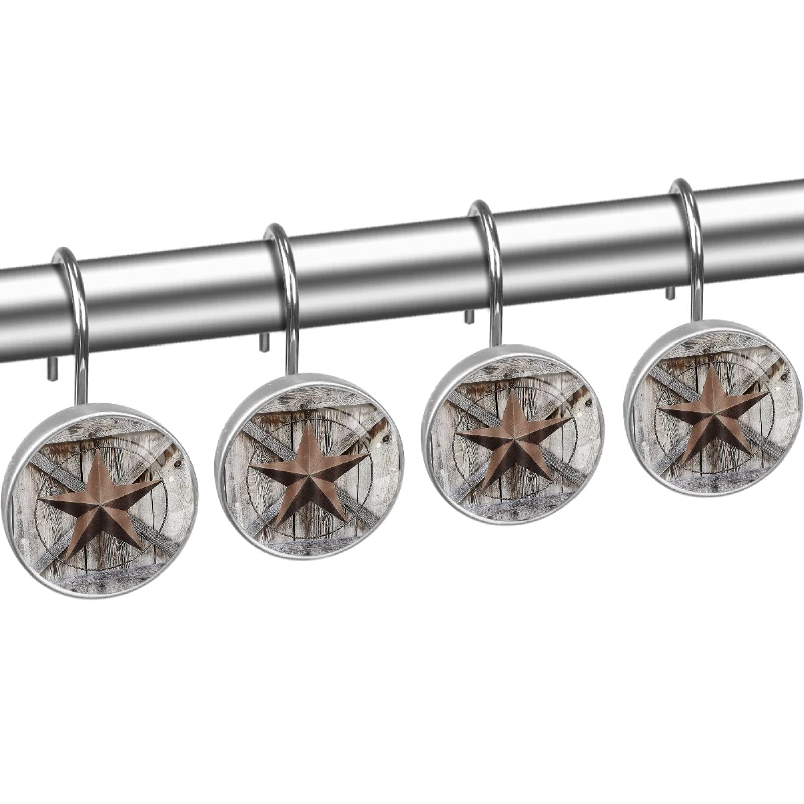 Western Texas Star - Ganchos para cortina de ducha, acero inoxidable, cristal, resina, juego de 12 anillos para cortina de ducha