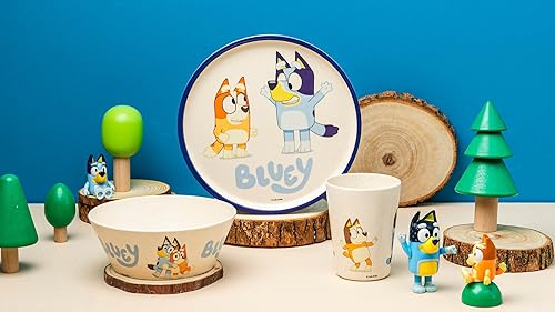 Miniatura 6 de Zak Designs Bluey Kids - Juego de vajilla de 3 piezas, plato de bambú de melamina duradero y sostenible, ideal para cenar con la familia (azul,