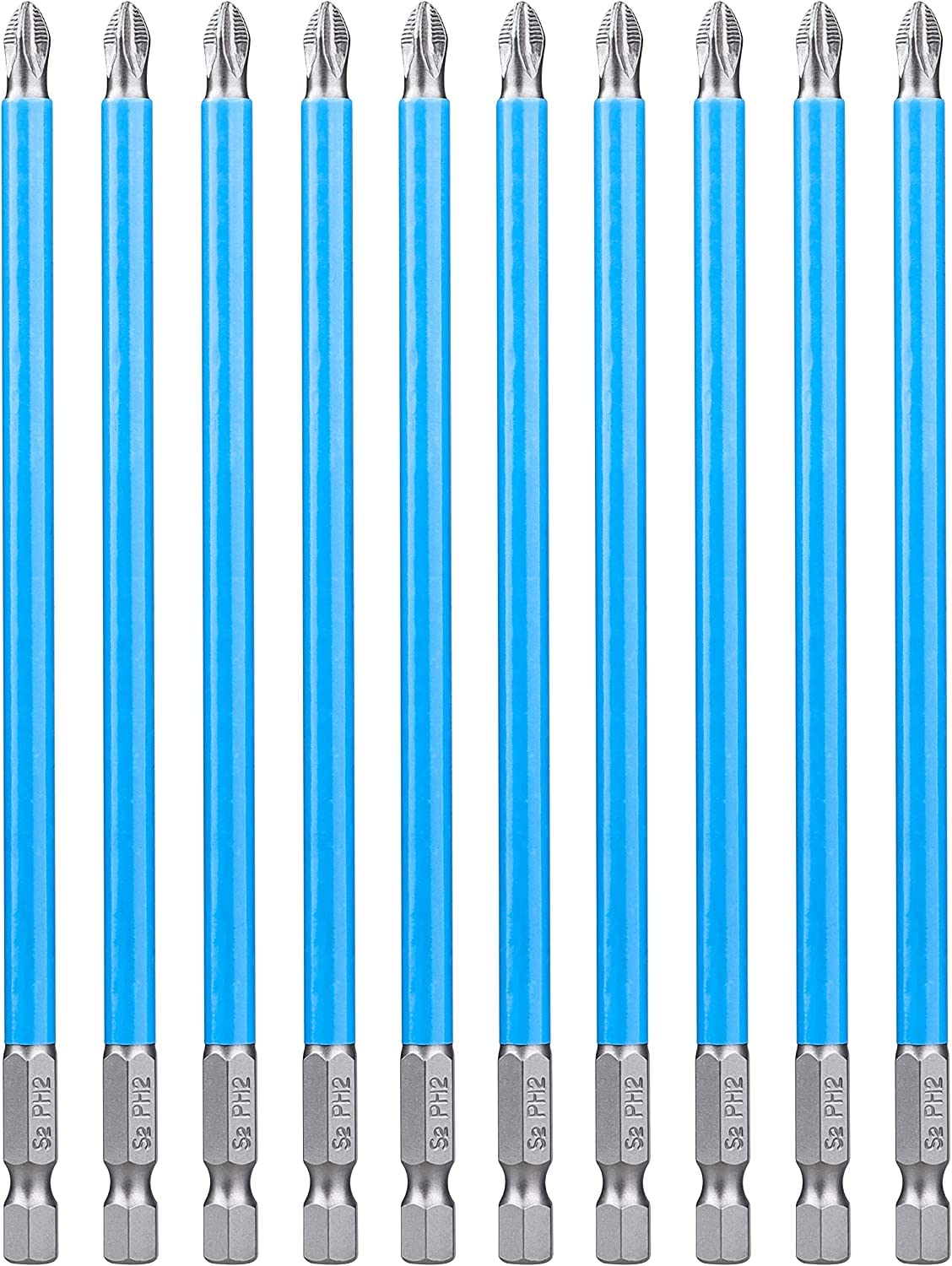 10Pcs 6-Inch Long Phillips Screwdriver Bit Set Magnetic Ph2 Impact Driver Bits #2 Phillips Bits with 1/4" Hex Shank for Impact Drill