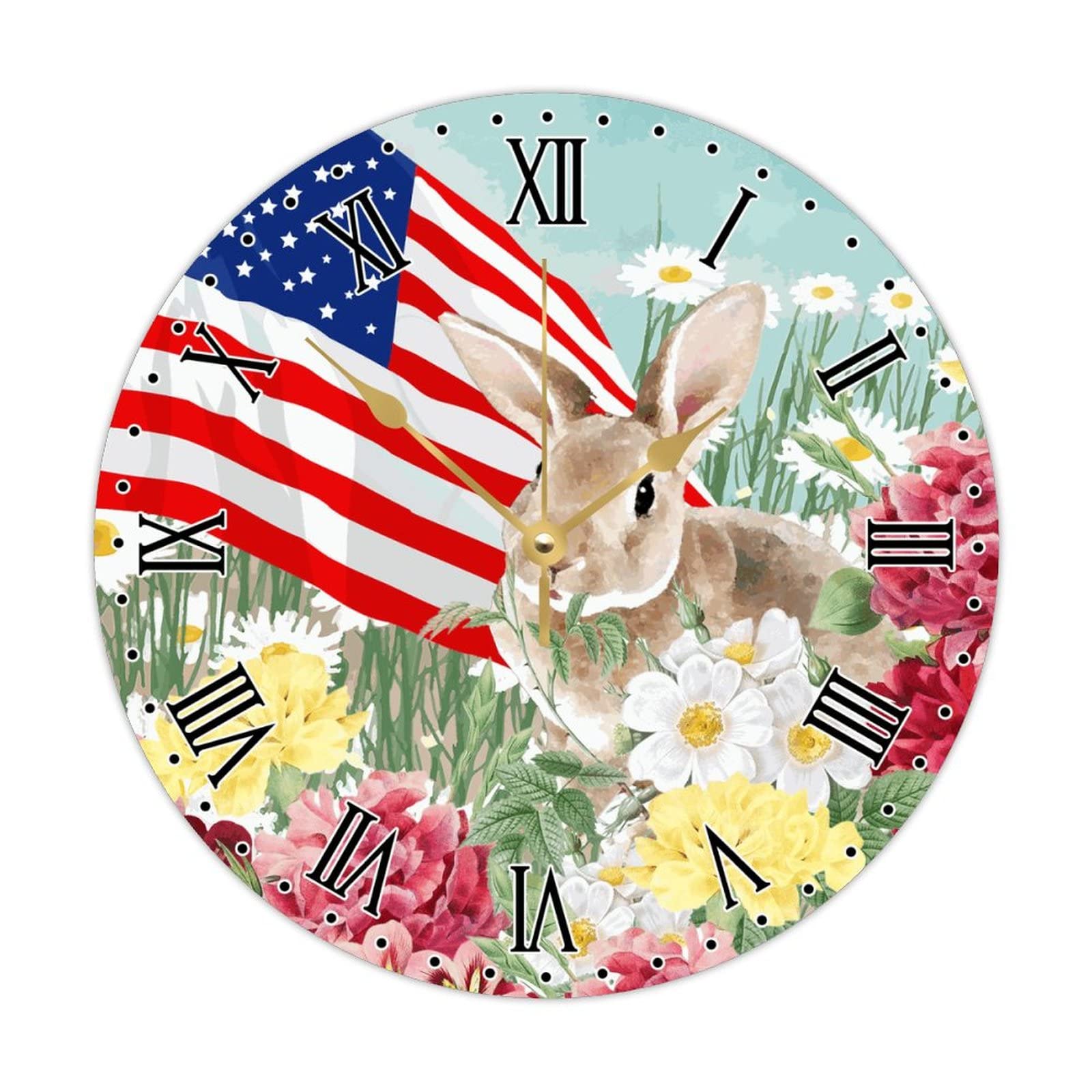 Horloge en bois drapeau USA de 38cm vintage et ronde à pile