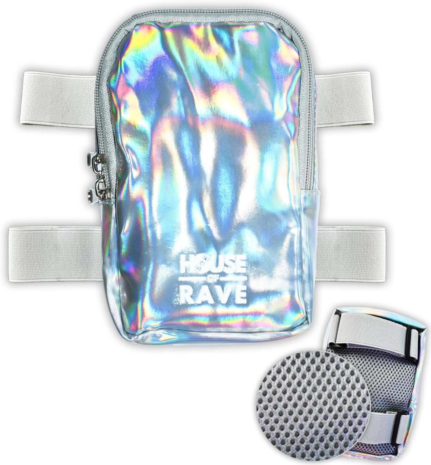 Holographic Thigh Bag No-Slip-Padded Backing - Inner Pockets & Double Zipper Carnival Thigh Bag for Women - Iridescent Leg Bag - Reflective Phone Holder (Silver)