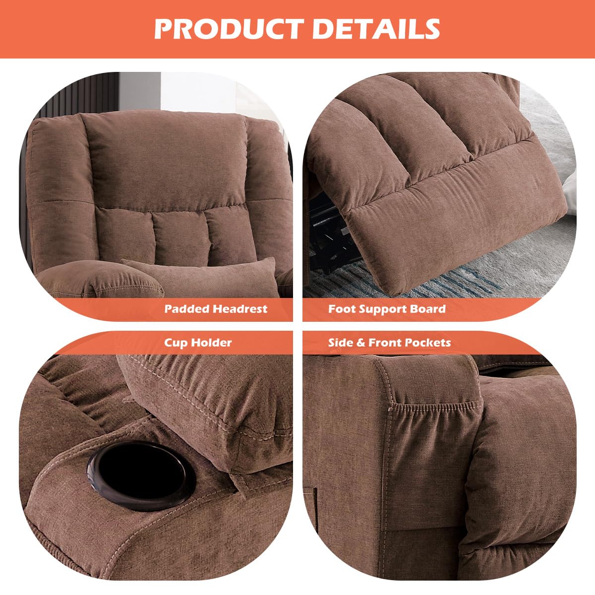 MAHOMICO Recliner Chair with Cup Holders for Living Room Single Seat Manual Oversized Recliner with Ergonomic, Side Pocket for Adult view 5