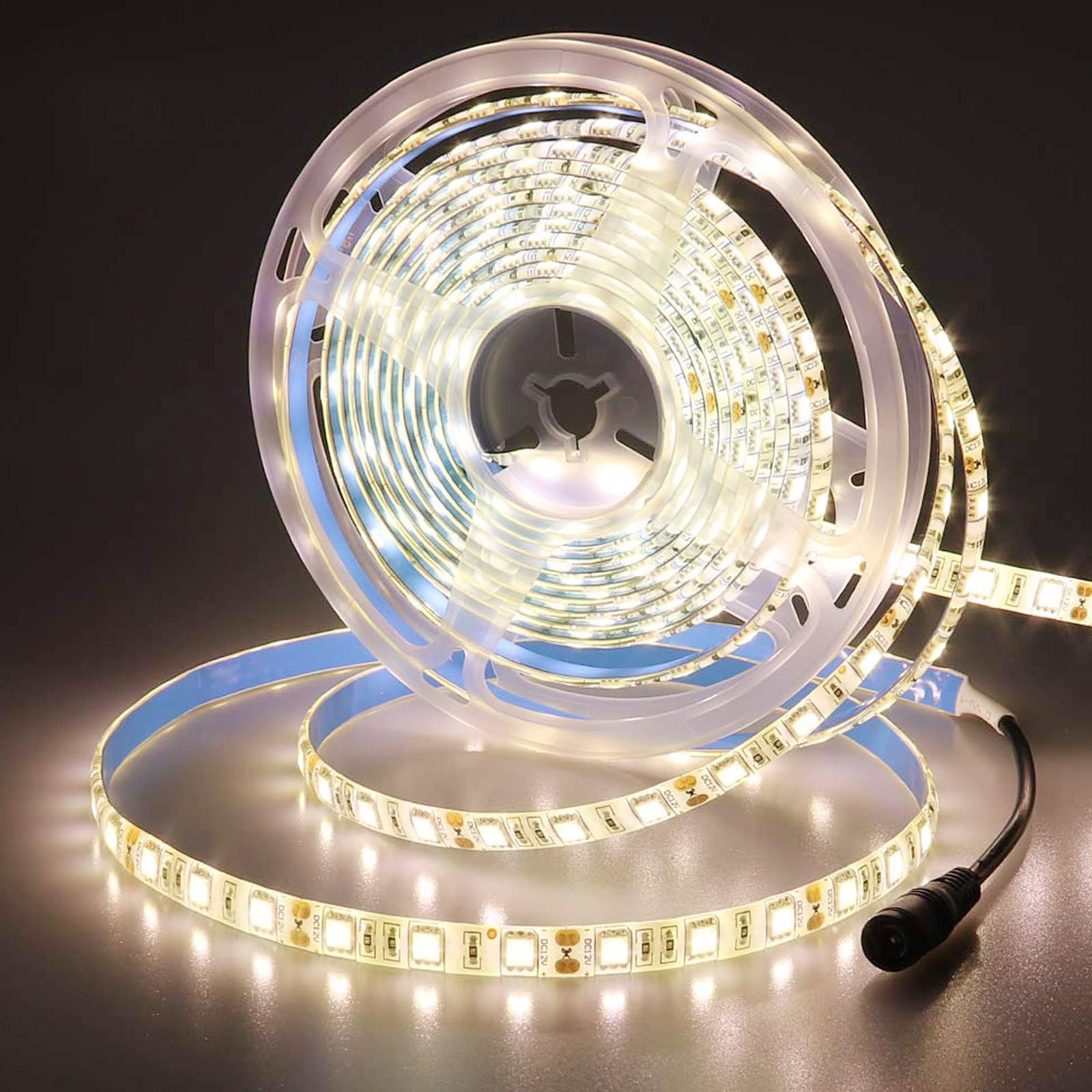 12V LED Strip Lights Warm White 3000-3500K 300LEDs 5M SMD5050, Flexible IP65 Waterproof LED Tape Lights for DIY Home Kitchen Party Christmas