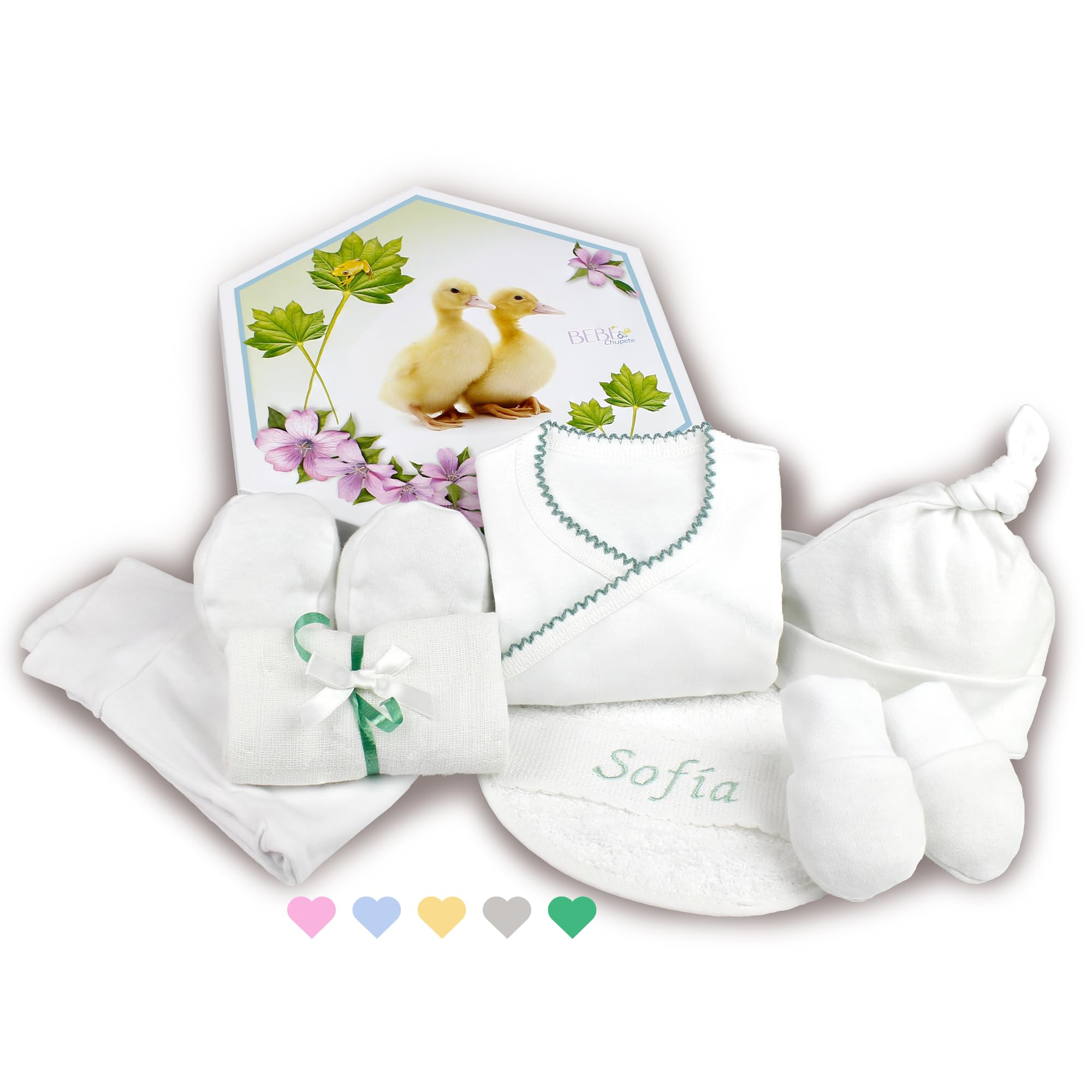 BEBÉCHUPETE Primera puesta Bebe Recien Nacido - Cosas para Bebes Recien Nacidos con Babero Bordado con Nombre - Regalos bebes recien nacidos originales - Kit bebe recien nacido - Cestas bebe (Verde)