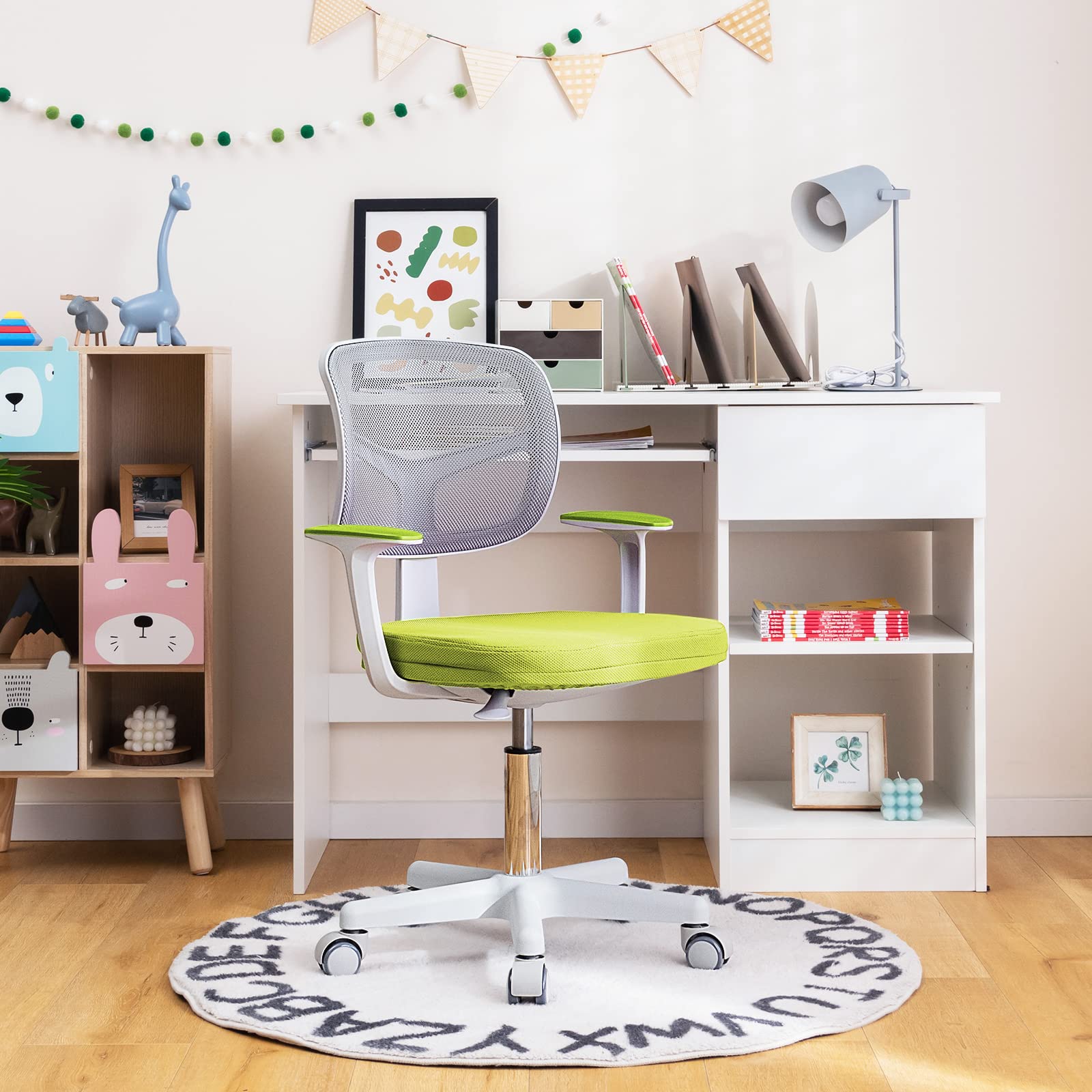 RELAX4LIFE Silla Escritorio Infantil con Altura Ajustable 40-54cm y 5 Ruedas Universales, Silla Escritorio Giratoria con Respaldo y Reposabrazos Ergonómicos para Niños 3-10 Años, Carga 150kg (Verde)