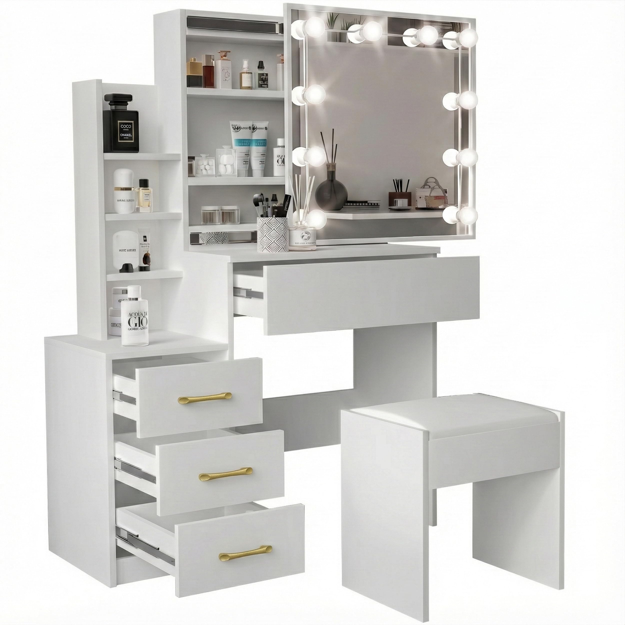 Blisswood Dressing Table with Mirror and Stool, Vanity Desk with 4 Drawer 3 open Storage Shelves and 3 Hidden Shelves with LED Bulbs, Modern Makeup Table for Bedroom & Living Room (White)