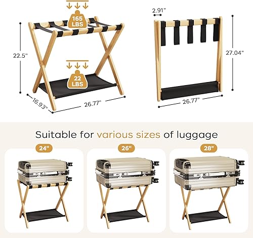 Miniatura 3 de Bastidores de equipaje totalmente montados, paquete de 2, soporte plegable de bambú para habitación de invitados, 5 correas de nailon, soporte para