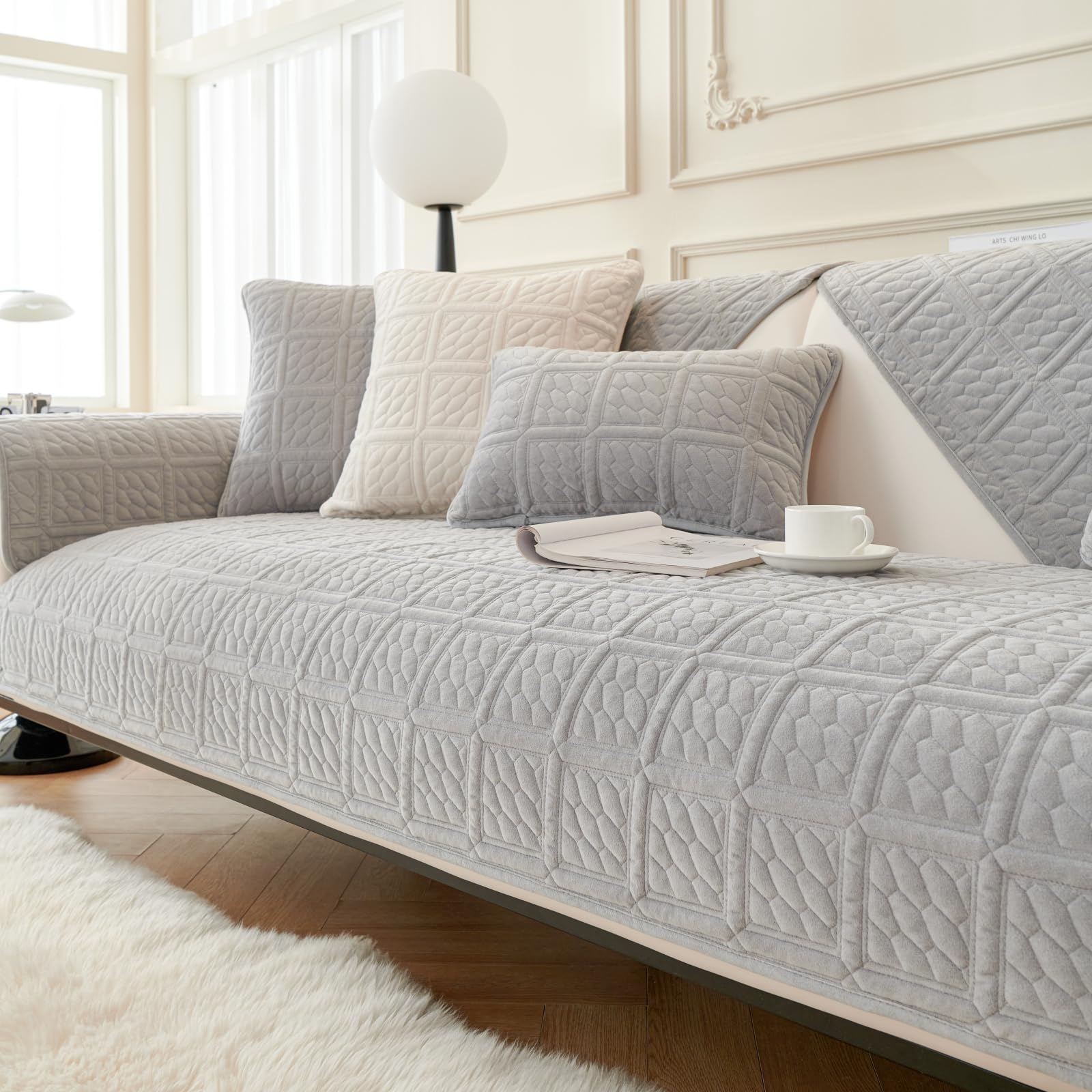 SHANNA Milk Velvet Soft Sofa Cover 1 2 3 Seater, Universal Couch Covers Non-Slip Corner Sofa Cover L Shape Sofa Slipcovers Furniture Protector for Living Room(Light Grey, 1PC 90*160cm Cushion Cover)