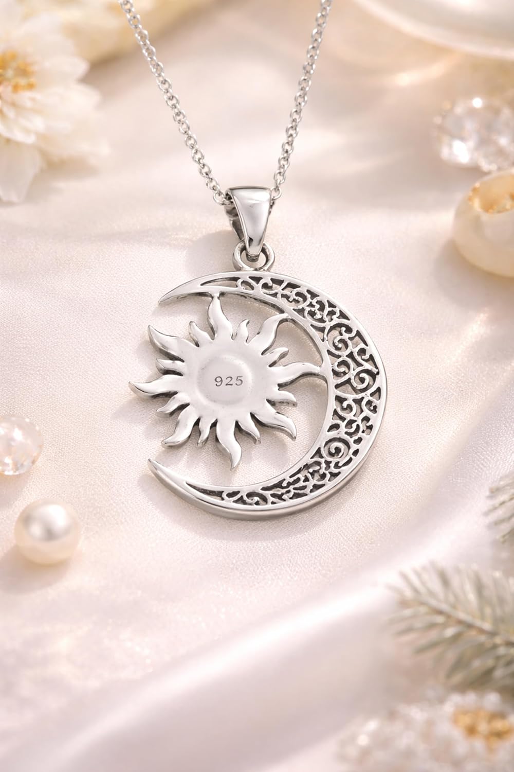 AeraVida Celtic Crescent Moon and Sun Eclipse .925 Sterling Silver Pendant Necklace | Symbolic Celestial Jewelry Gift | Shiny Oxidized Nature-Inspired Design for Women - Image 5