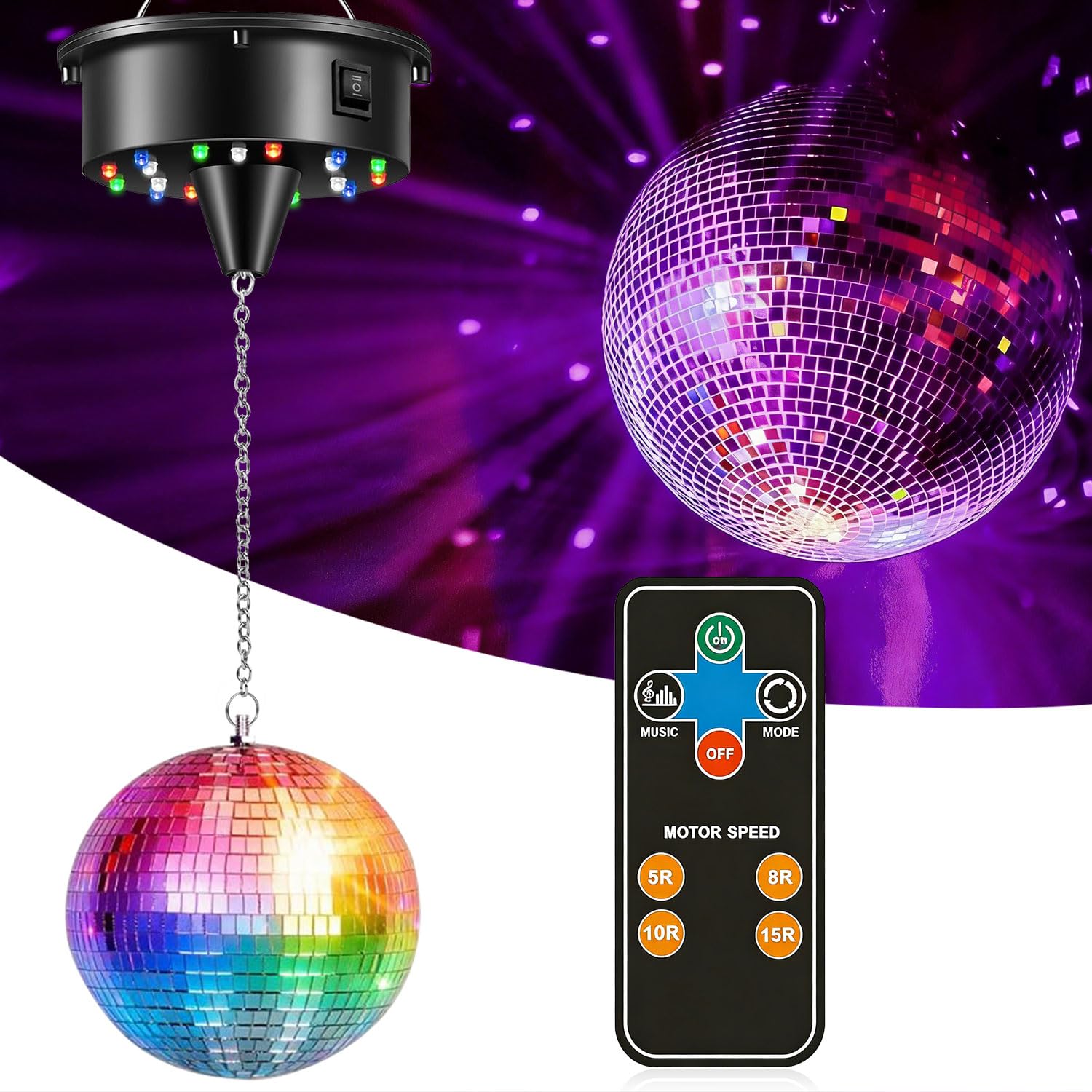 Discokugel Spiegelkugel mit Rotierender Motor,20cm Disco Ball für Partys,Professional Spiegelkugel Set,LED Drehmotor Spiegelkugel,Discokugel Spiegelkugel,LED-Lichtern für Party-Dekoration, Band Bar