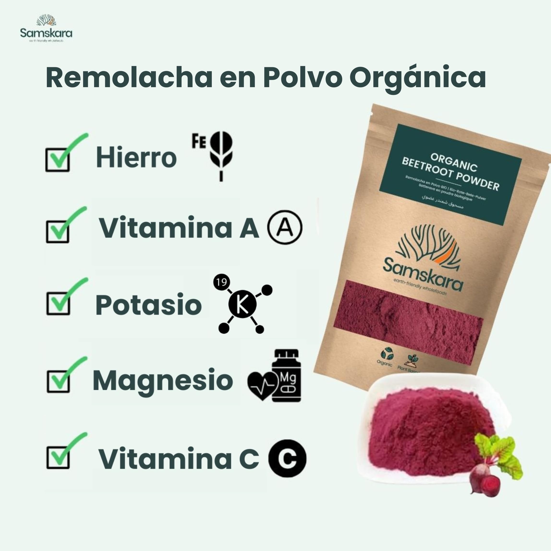 Remolacha en Polvo Ecológica | Samskara Superfoods | Certificado Orgánico BIO | Antioxidantes y Fibra Dietética | Raíz de Remolacha Ideal para Zumo, Pink Latte y Suplementos Naturales (1 kg)