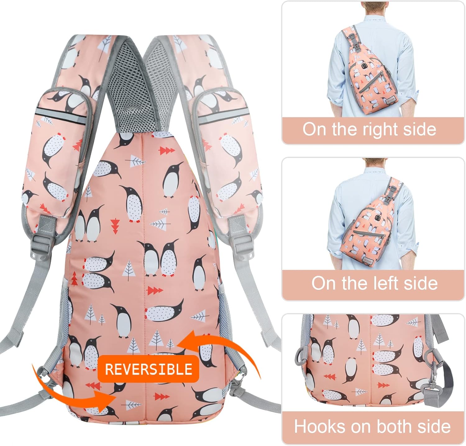 ZOMAKE Sling Bag, Penguin Pink, Nylon, 5 Separate Compartments, 10" iPad Compartment, Anti-Theft, Adjustable Reversible Shoulder Strap, Water Resistant - Image 5