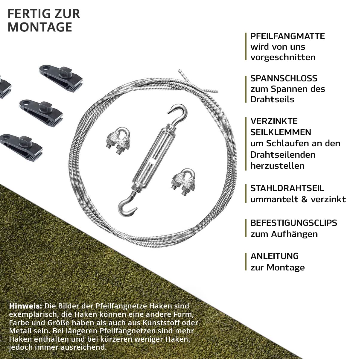 Pfeilfangmatte Green Nature I Set + Zubehör I grün 2m hoch bis 16m breit I Armbrust & Bogenschießen Pfeilfang I Pfeil Auffangmatte fertig zur Montage I by Beier Germany