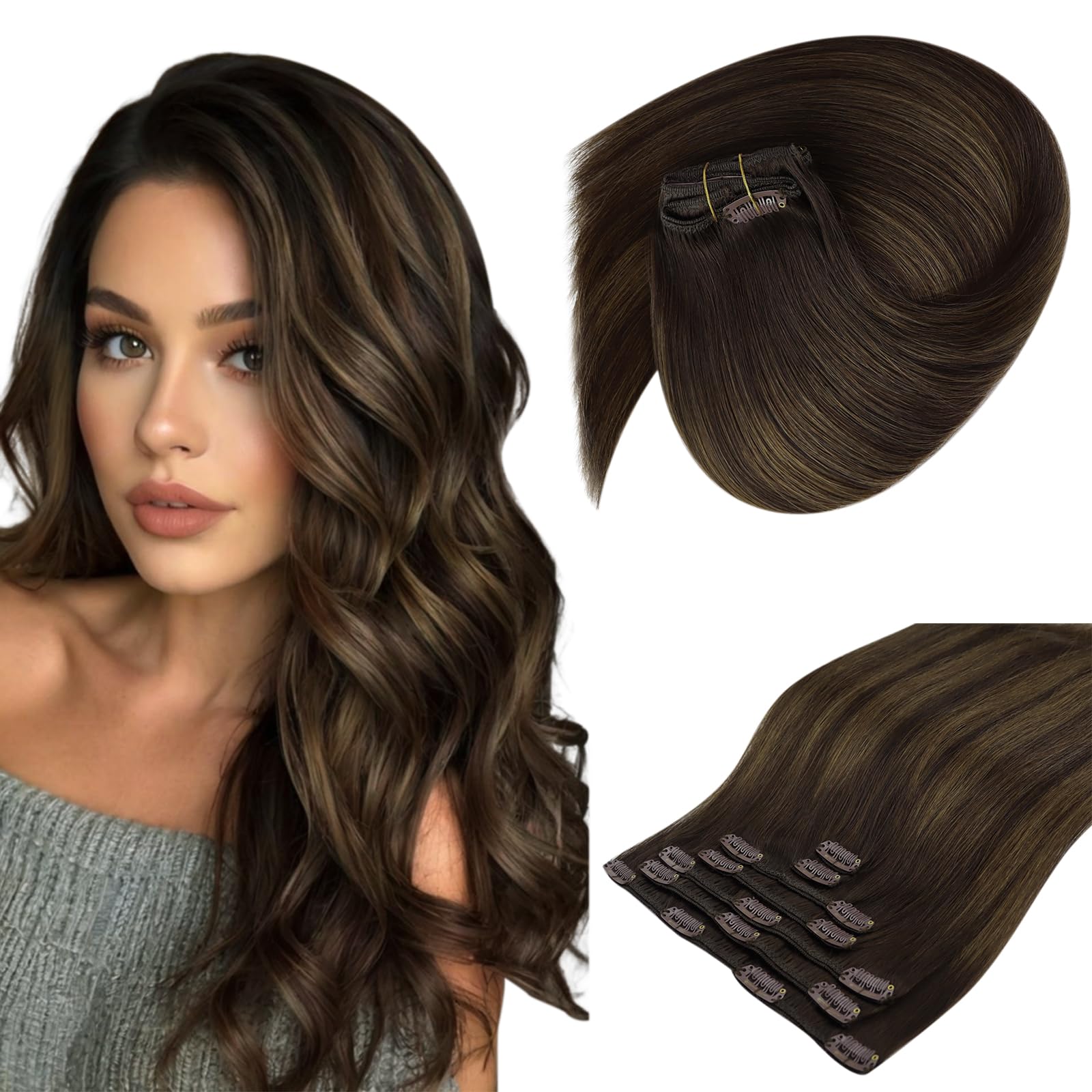 Sunny Hair Clip in Hair Extensions Straight Human Hair Clip in Extensions Remy Clip in Hair Extensions Real Human Hair Extensions Clip ins Dark Brown Ombre Medium Brown Balayage 18inch