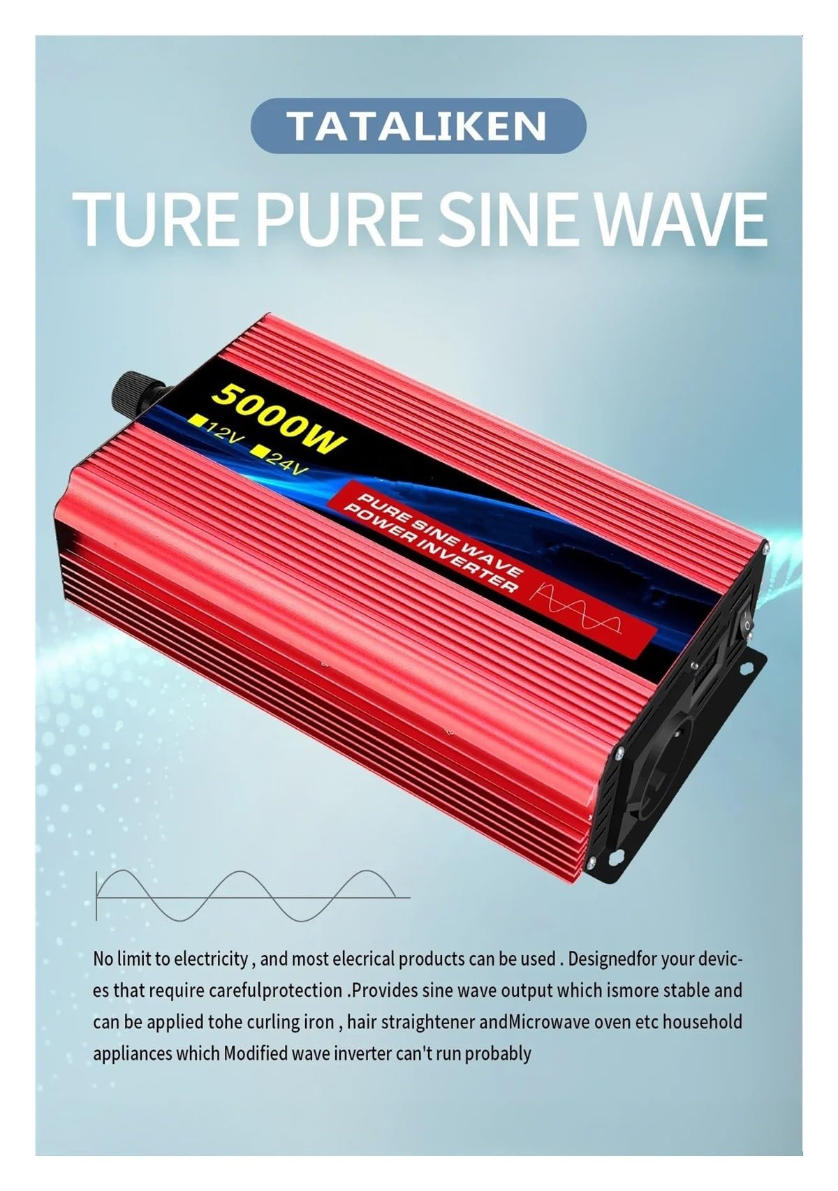 Inversor Inversor De 1000W-10000W, 12V/24V, 220V, Convertidor De Onda Sinusoidal Pura, Inversores Solares con LED, Enchufe UE(12V 50HZ,1600W)