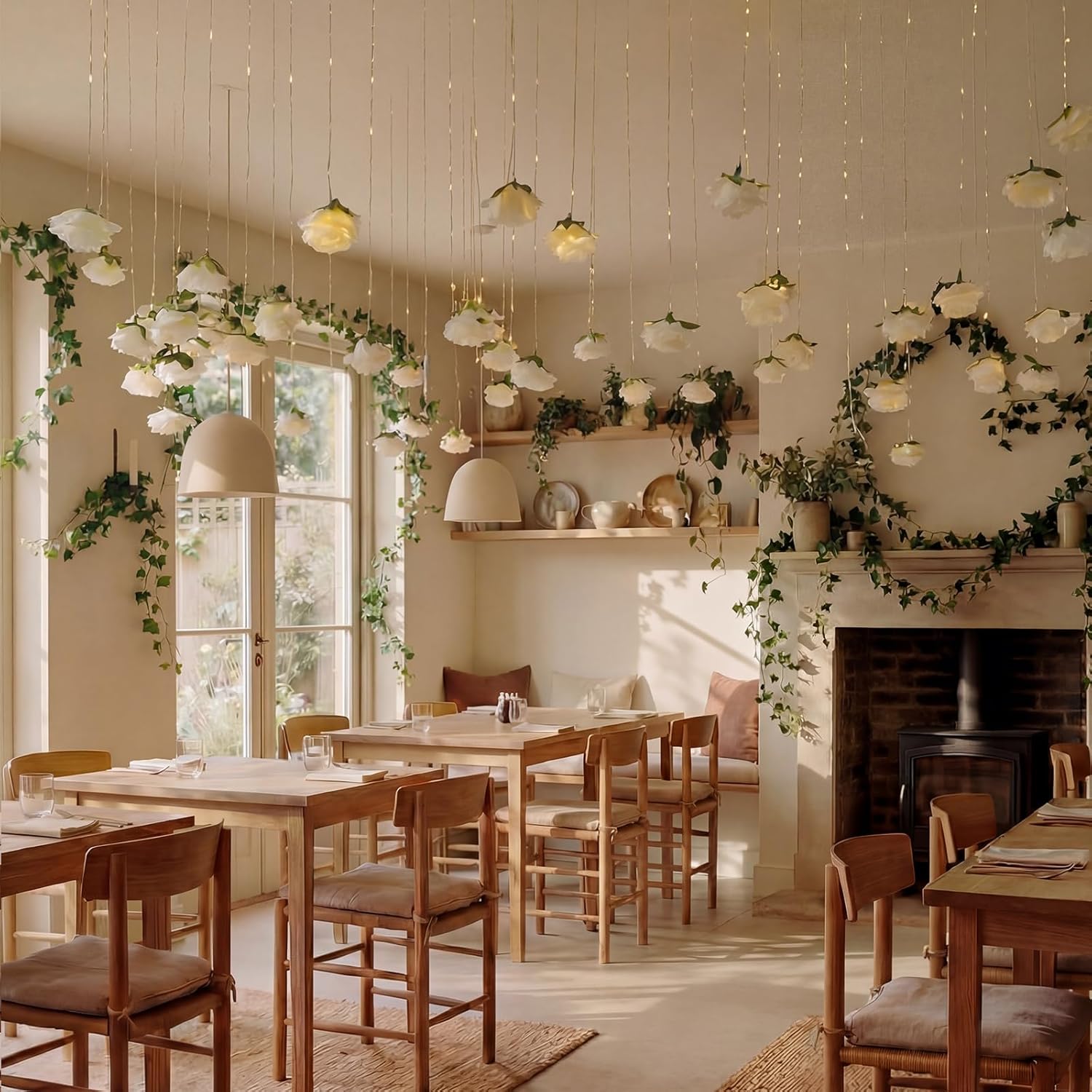 42 Pcs 3.28 ft White Rose Flower Garland Hanging Artificial Wedding Flowers Ceiling Vine Decor Fake Floating Floral Garlands with Hooks for Wall Wedding Backdrop Bachelorette Bridal Shower Party