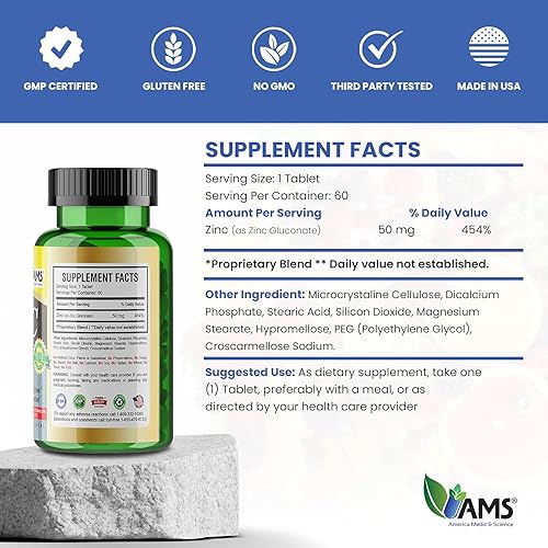 Miniatura 4 de America Medic & Science Zinc 50mg Suplemento - Impulsar la inmunidad, Apoya la piel, el cabello y las uñas, Potente antioxidante (120)