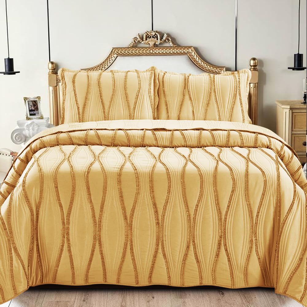 Rugs Inn Cozy Bedspread Throw – 3Pcs Embossed Quilted Comforter Warm Bed Coverlet Bedding Set for Bedroom Decor with 2 Pillow Sham (Double, Mustard)
