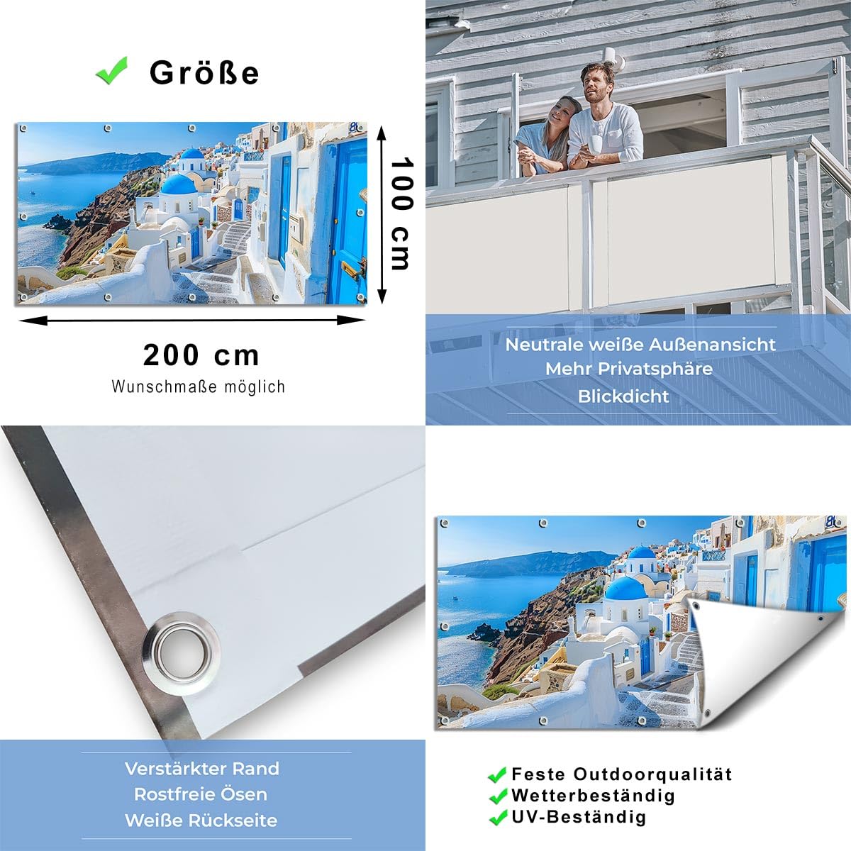 TRIOSK Sichtschutz Balkon Deko Plane Balkonblende Blickdicht mit Motiv Küstenweg Santorini Griechenland für Garten Terrasse Gartenzaun Balkonverkleidung Blickschutz PVC groß 200x100 cm