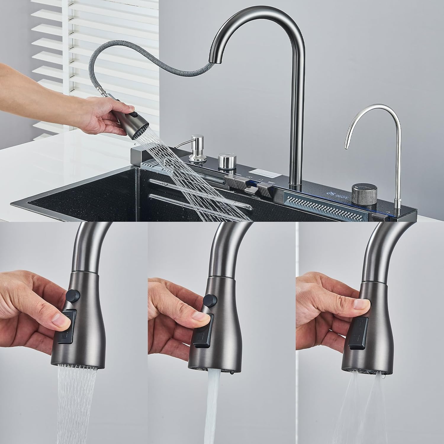Évier de Cuisine Multifonction avec Haute Pression Robinet Cuisine Bec Extractible et 4 Modes de Pulvérisation Acier Inoxydable Gris Canon 75 * 45 * 21 Evier 1 Bac