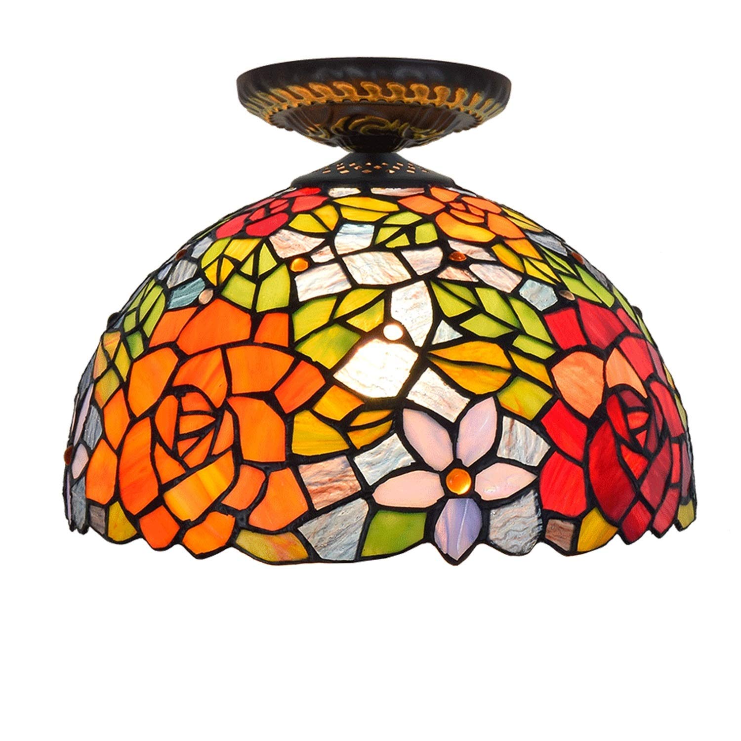HPTHLY Stained Glass Ceiling Lighting 12" Stained Galss Ceiling Lights Tiffany Style Gorgeous Rose Glass Shade For Living Ceiling Lamp