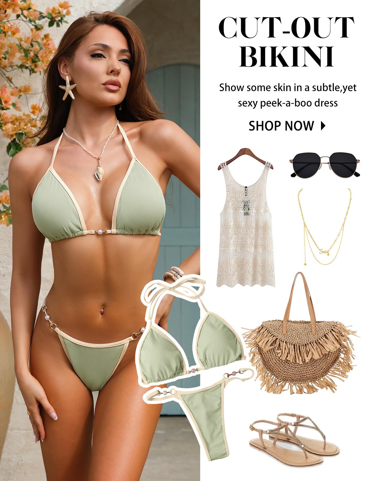 Nadeer Femme Maillot De Bain 2 Pièces Sexy Halter Triangle Bikini Élégant Pearl Réglable Corde à Cravate Ensemble De Swimwear De Plage Taille Basse String Bas de Bikini