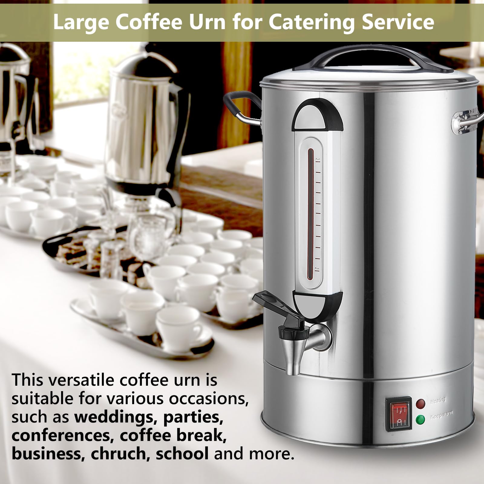 Urna de café comercial de acero inoxidable de 24 l y 160 tazas, dispensador caliente para catering, cafetera de gran capacidad de grado comercial para salas de reuniones, iglesia, escuela,