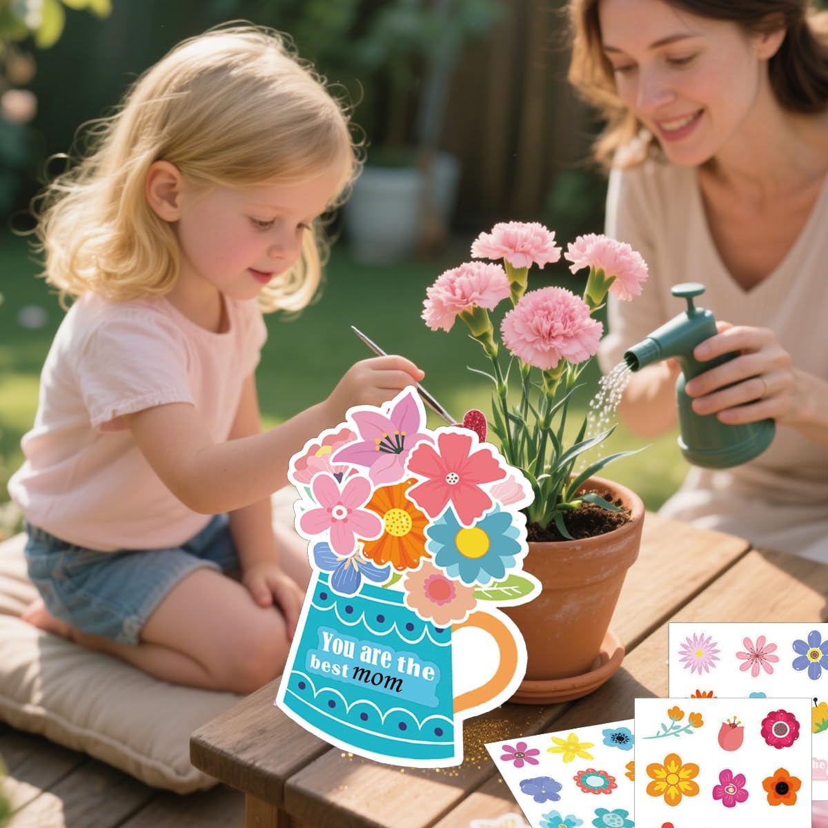 Remerabel 24 Set Happy Mother's Day Flower Crafts with Stickers Make Your Own Flower Bouquet Gift Card You are the Best DIY Handmade Greeting Greeting Cards Set for Classroom