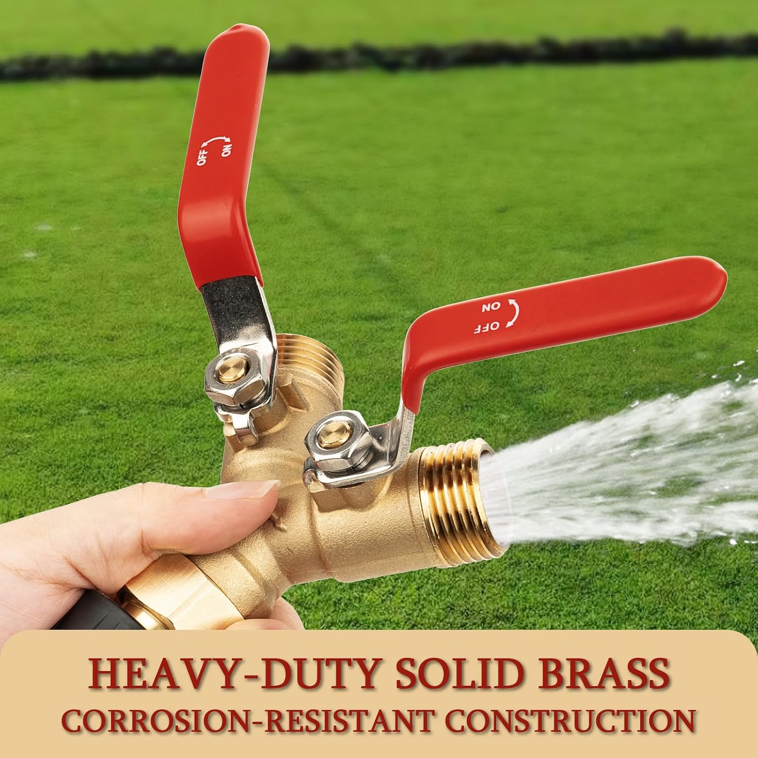 Garden Water Hose Splitter - RV Water Splitter 2 Way Heavy Duty Brass Spigot Hose Splitter - Outdoor Y Hose Bib 2 Valves with 2 Extra Rubber Washers for 3/4" Hose Connector (Red)