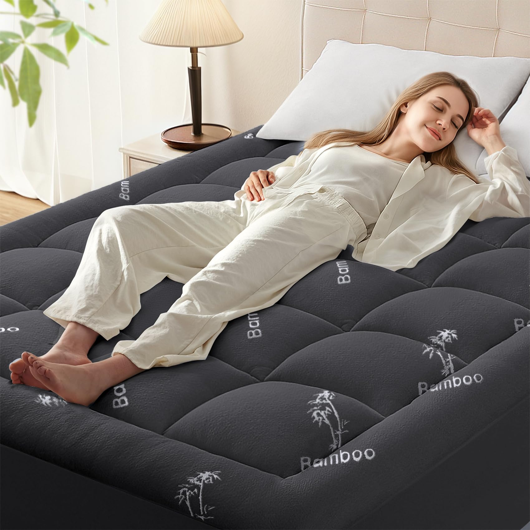 Anluoer Memory Foam Mattress Topper Queen for Back Pain, Rayon Derived from Bamboo Pillow Top Mattress Topper for Hot Sleepers,Cooling Mattress Pad with 8-21" Deep Pocket, 60x80 Inches, Dark Grey-image-28
