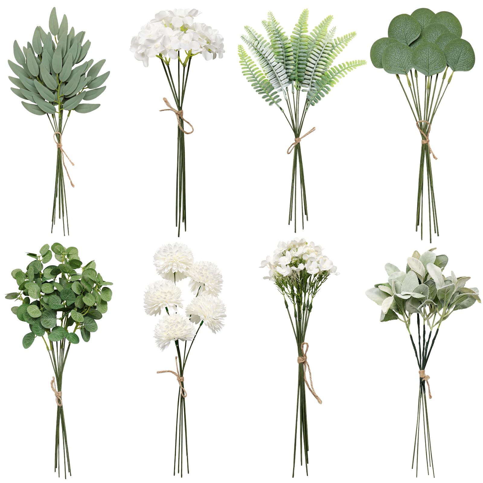 Betylifoy Artificial Leaves Fake Leaves Eucalyptus Greenery Stems 65pcs with 8 Kinds of Fake Greenery Plants, Faux Branches for Wedding DIY Bouquet Floral Arrangement Decor (65)