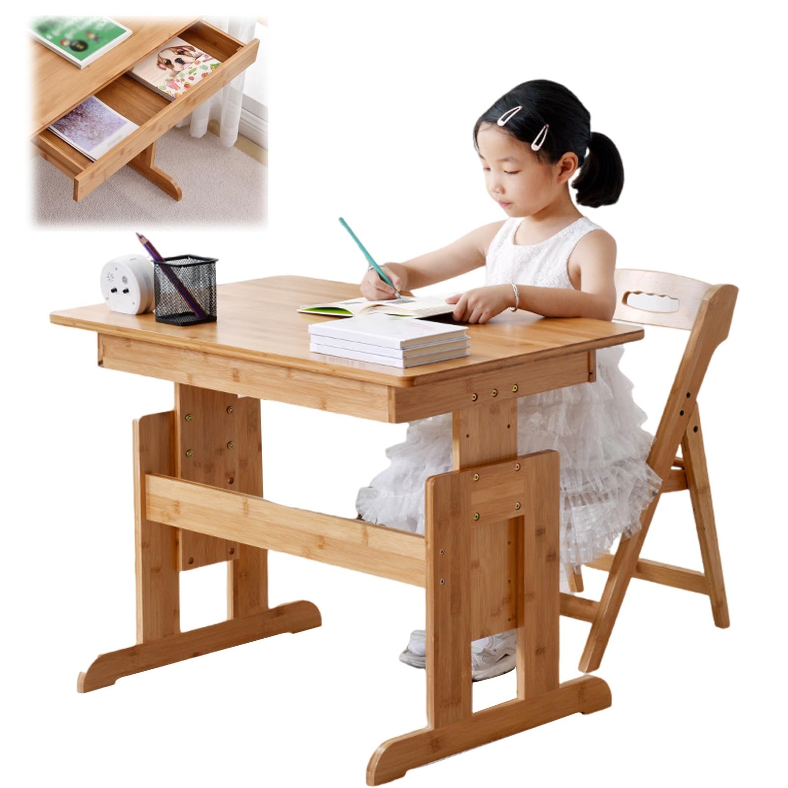 木製昇降テーブル デスクとテーブルの2way 引き出し+スライド収納付き Amazon｜竹昇降式学習テーブル、引き出し付き竹製勉強机・ノート