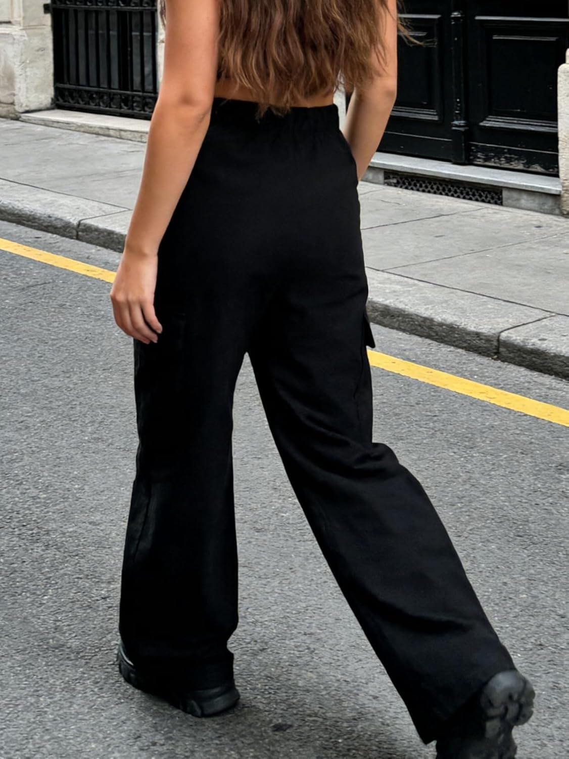 OYOANGLE Women's Skinny Flap Pocket Baggy Cargo Pants Elastic High Waist Flared Legging Pants - Image 2