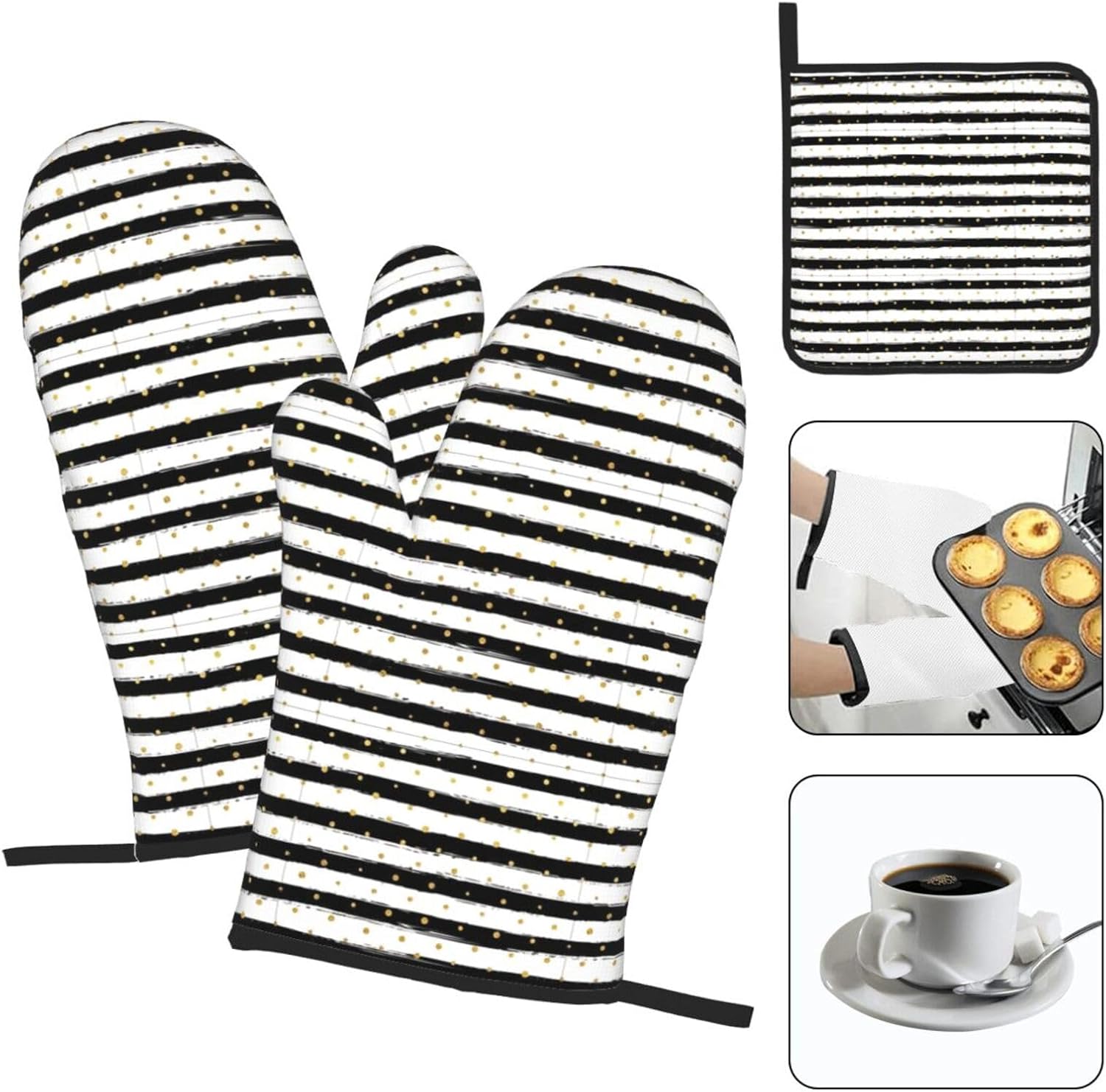 Ink and Gold Dot Stripes Print Heat Resistant Microwave Gloves, Used for Baking, Cooking, and Fashion Kitchen Essentials