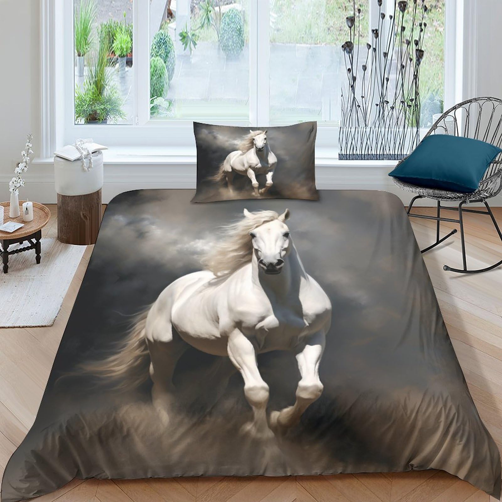 Opsrey Prancing Horse-17 Prancing Horse Breathable Quilt Cover Set Hidden Zipper Horse Duvet Cover Set With Pillowcases Bedding Set Soft Microfiber Comforter Cover For Various Sizes Beds Single（135X200cm）