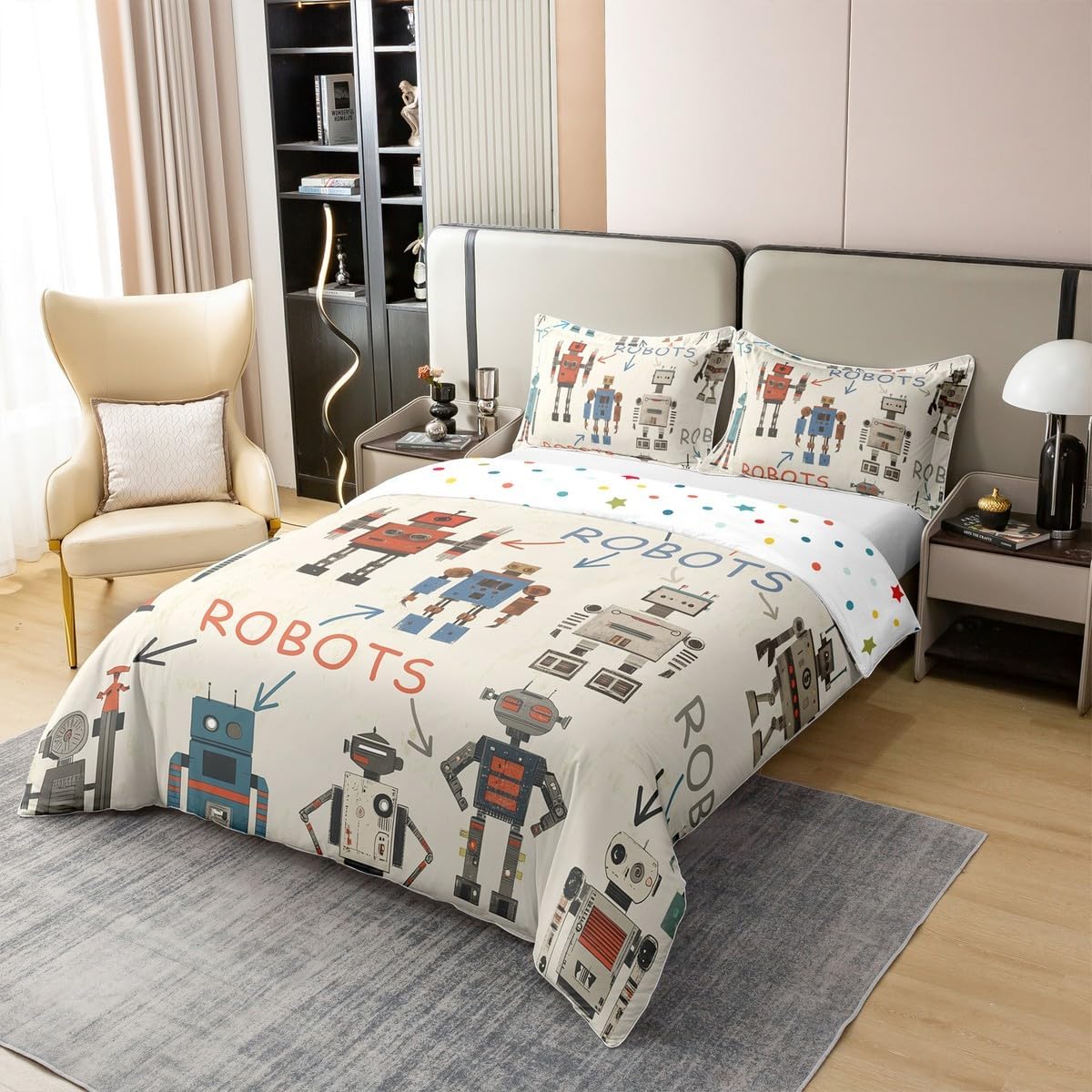 Cartoon Super Robot Bedding Set Twin Size Vintage Machine Comforter Cover for Boys Girls Watercolor Sci-Fi Robot Bed Set Pastel Beige Khaki 100% Cotton Duvet Cover with 1 Pillowcase(No Comforter)