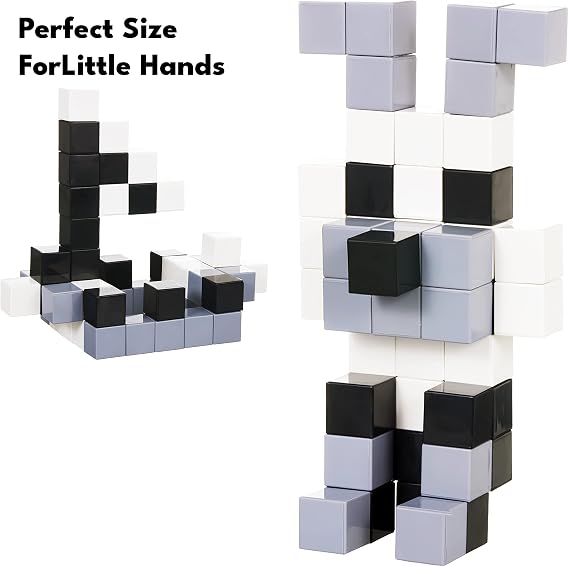 BrainSpark 48PCS Black White Grey DigitBlocks Magnetic Building Cube Set, Sensory STEM Education Preschool Magnet Toys for 3-9 Year Old Boys and Girls