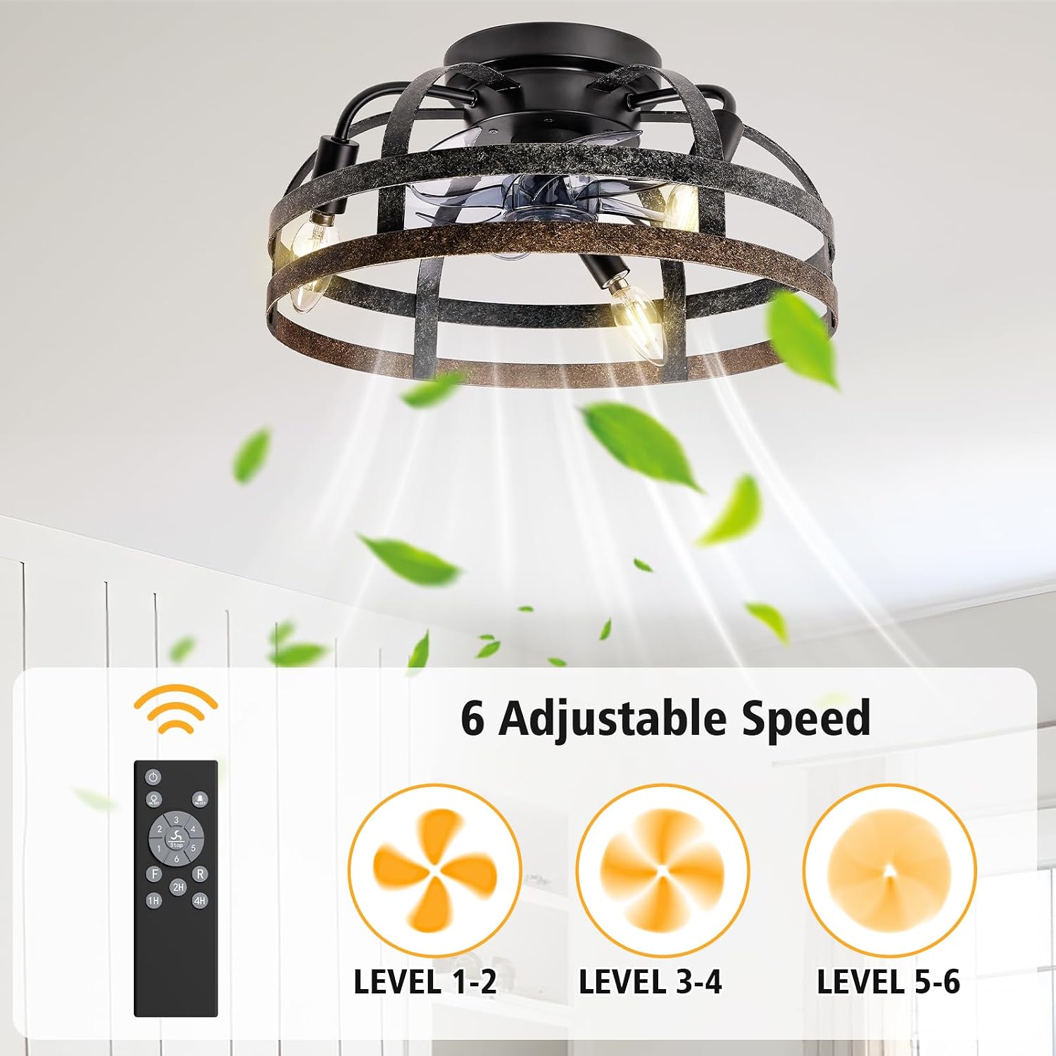 G-SAFAVA 16" Ceiling Fans with Lights and Remote, 6 Wind Speeds 3 Timing Quiet Flush Mount Low Profile Caged Ceiling Fans for Bedroom Living Room Kitchen Farmhouse Small Reversible Ceiling Fan, Black