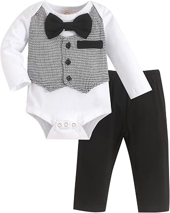 Crazyme Newborn Baby Boy Clothes Gentleman Outfits Long Sleeve Romper Bowtie Tuxedo Suit