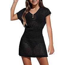Haloumoning Girls Crochet Swim Beach Cover Up Kids Fashion Button Short Sleeve Swimsuits Cover Ups 5-14 Years